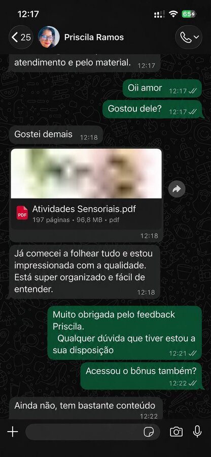 Depoimento de aluna no WhatsApp
